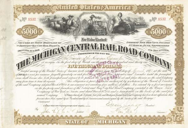 James C. Fargo - Michigan Central Railroad - Bond (Uncanceled)